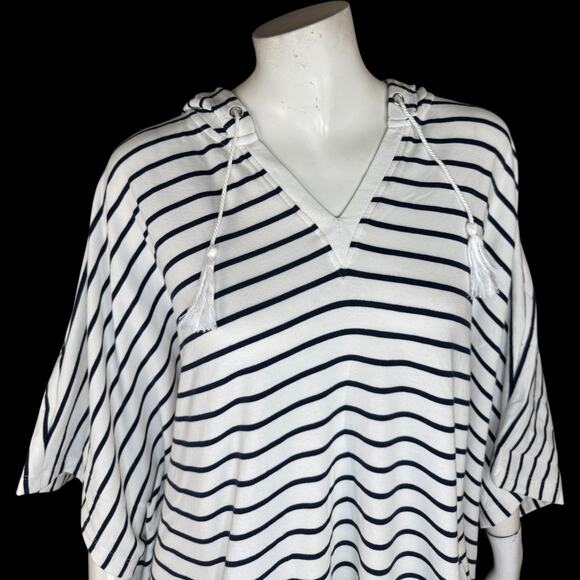 AMBERNOON II UV Hooded Striped Tunic Cover-Up White Navy 1X NWT Cotton Blend - Picture 2 of 16